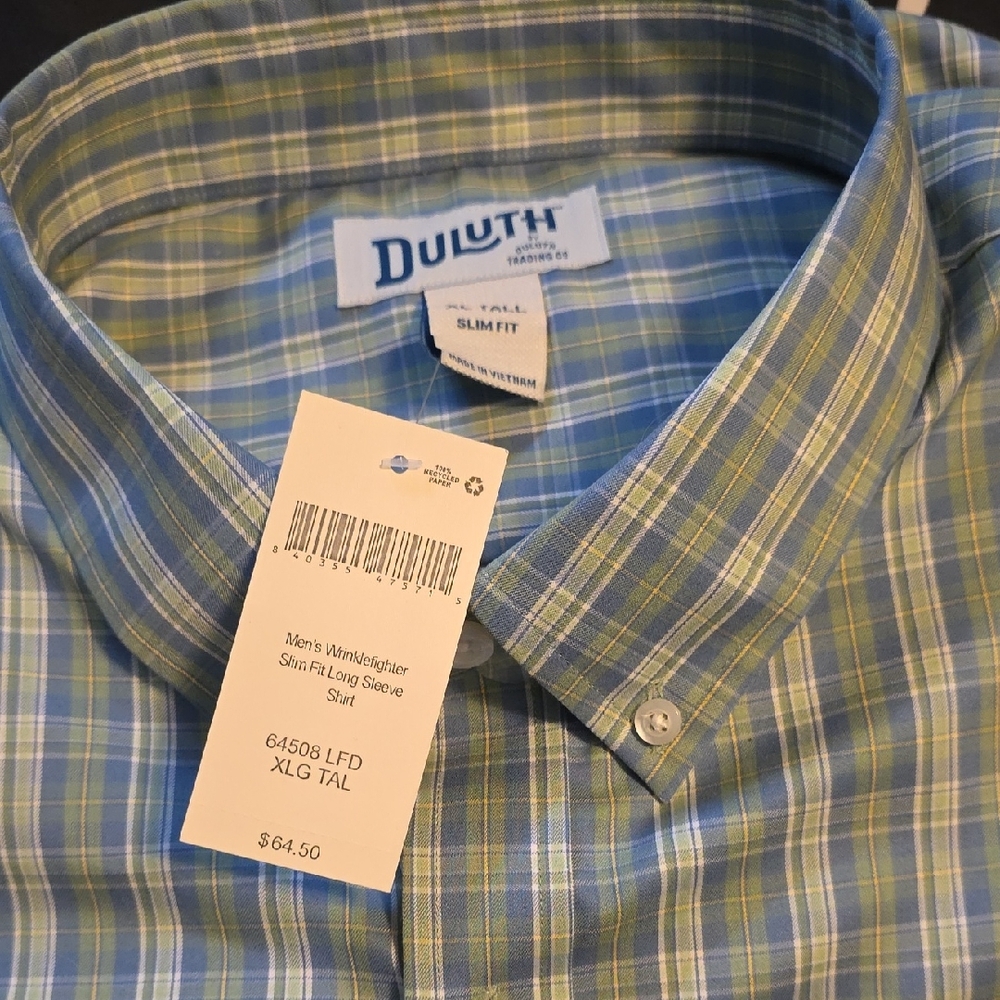 DULUTH Men's Slim Fit Long Sleeve Shirt - Blue and Green Plaid